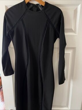 Black Long Sleeve Bodycon Midi Dress with Panel Detailing.